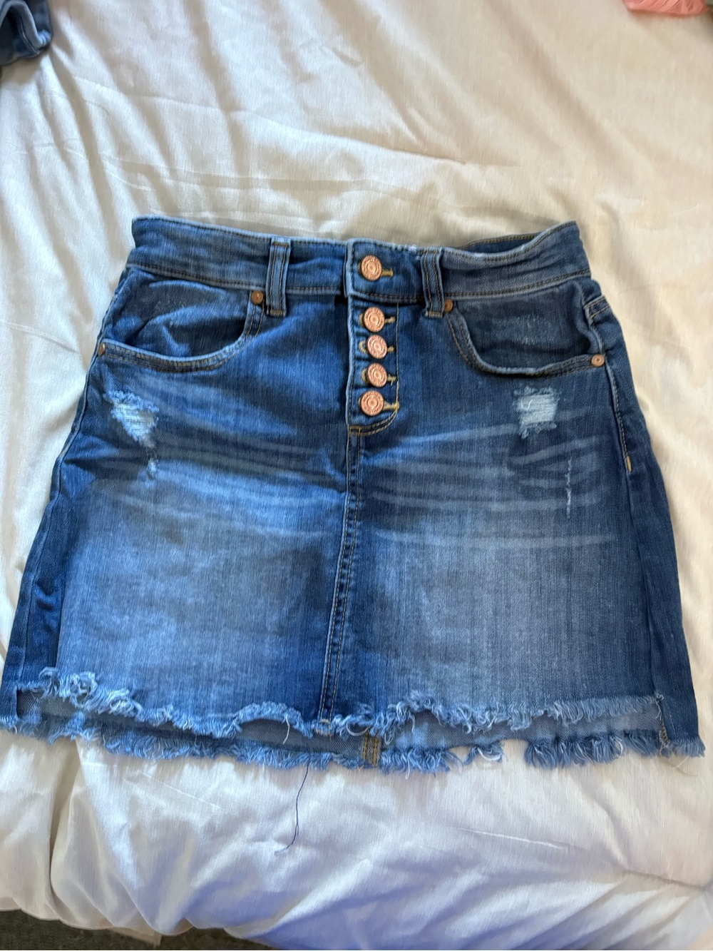 Indigo Rein Distressed Blue Denim Mini Skirt with Button Front